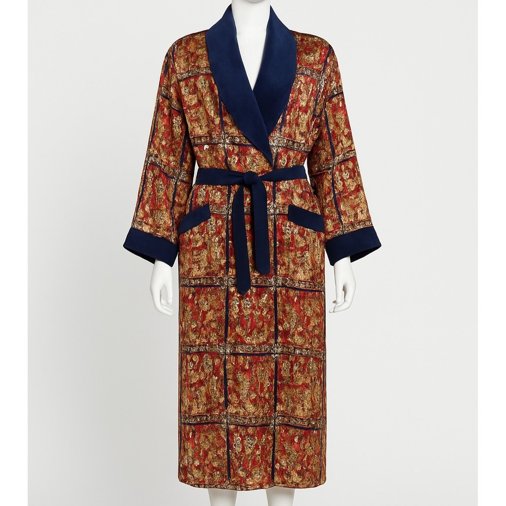 Victoria Secret Vintage-Inspired Tapestry Robe with Navy Satin Trim & Belted - Picture 2 of 7